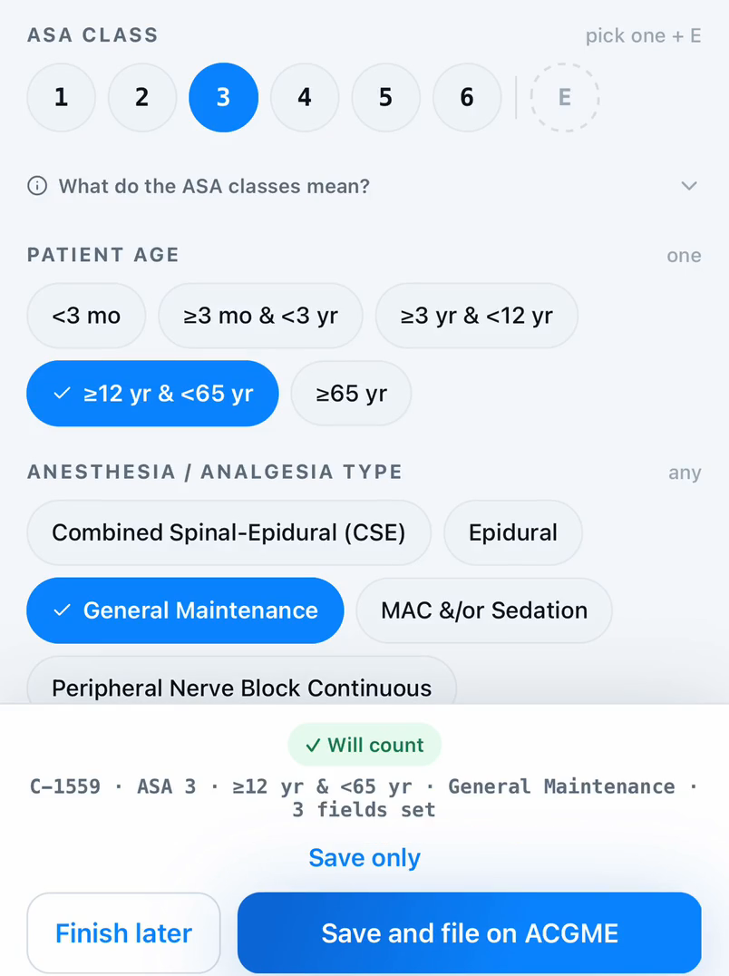 Capnolog's anesthesiology case sheet on iPhone with ASA 3 and General Maintenance picked, and the save bar reading Will count
