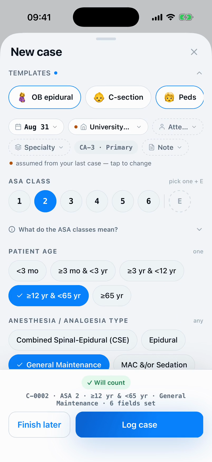 Capnolog's New case sheet for anesthesiology on iPhone: ASA 2, patient age 12 to 64, General Maintenance, and the Log case button