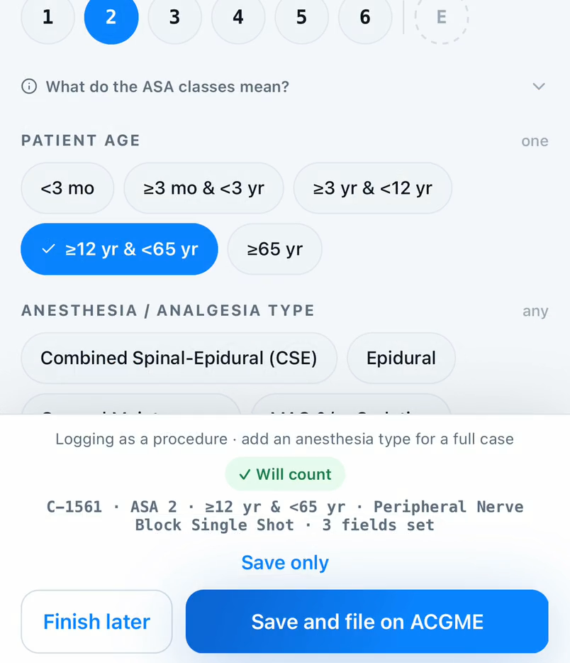 Capnolog's anesthesiology case sheet on iPhone, filled from the last case: ASA 2, age 12 to 64, the save bar reading Will count, and Save and file on ACGME