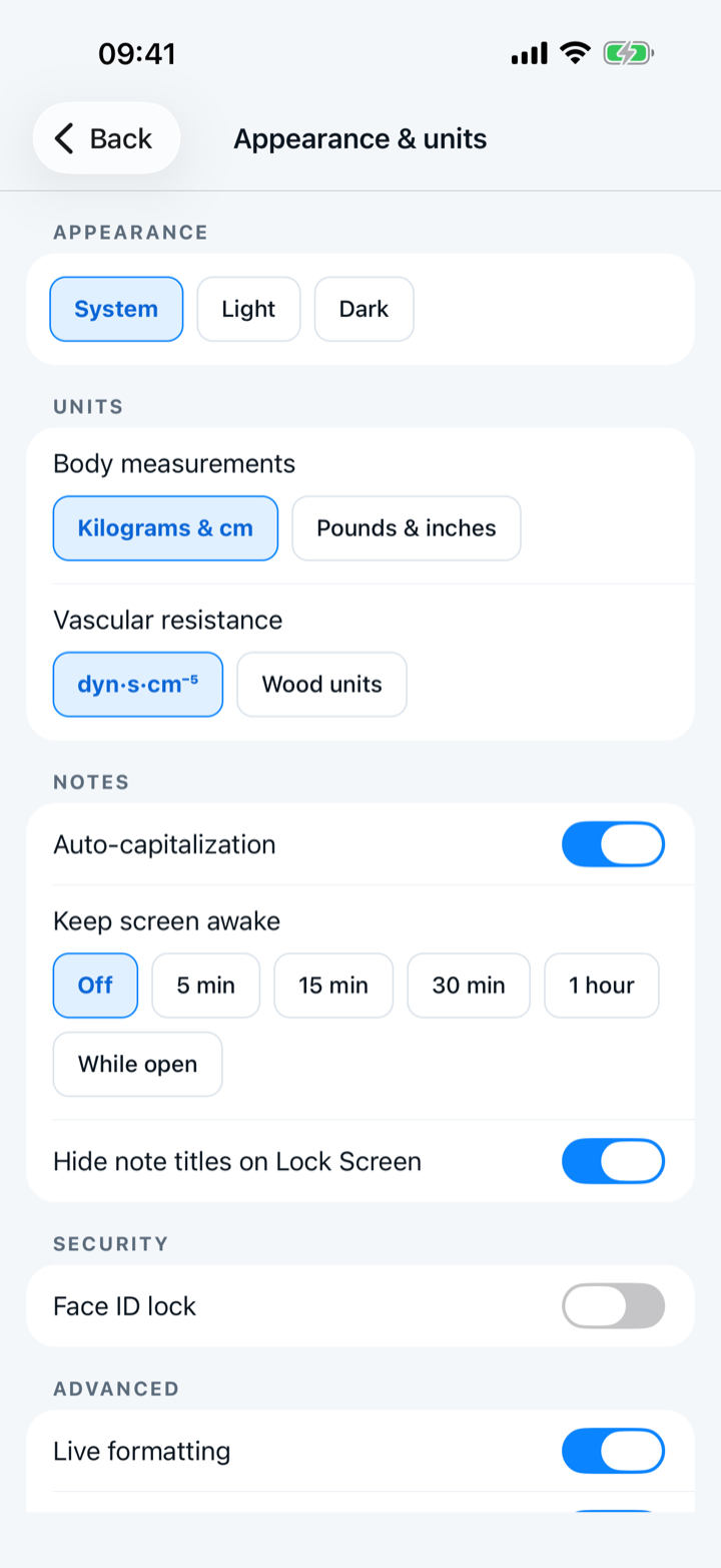Capnolog's Appearance and units screen on iPhone, with the Face ID lock switch under Security.