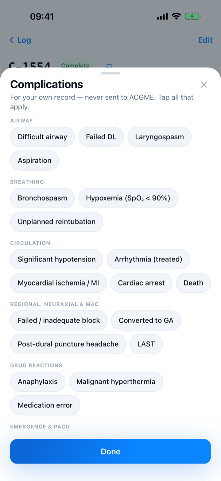 Capnolog's Complications screen on iPhone, with events grouped under headings such as Airway and Breathing.