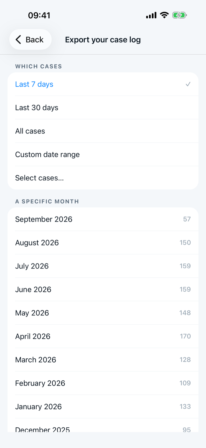 Capnolog's export screen on iPhone, with the choices for which cases to include in the ACGME CSV.