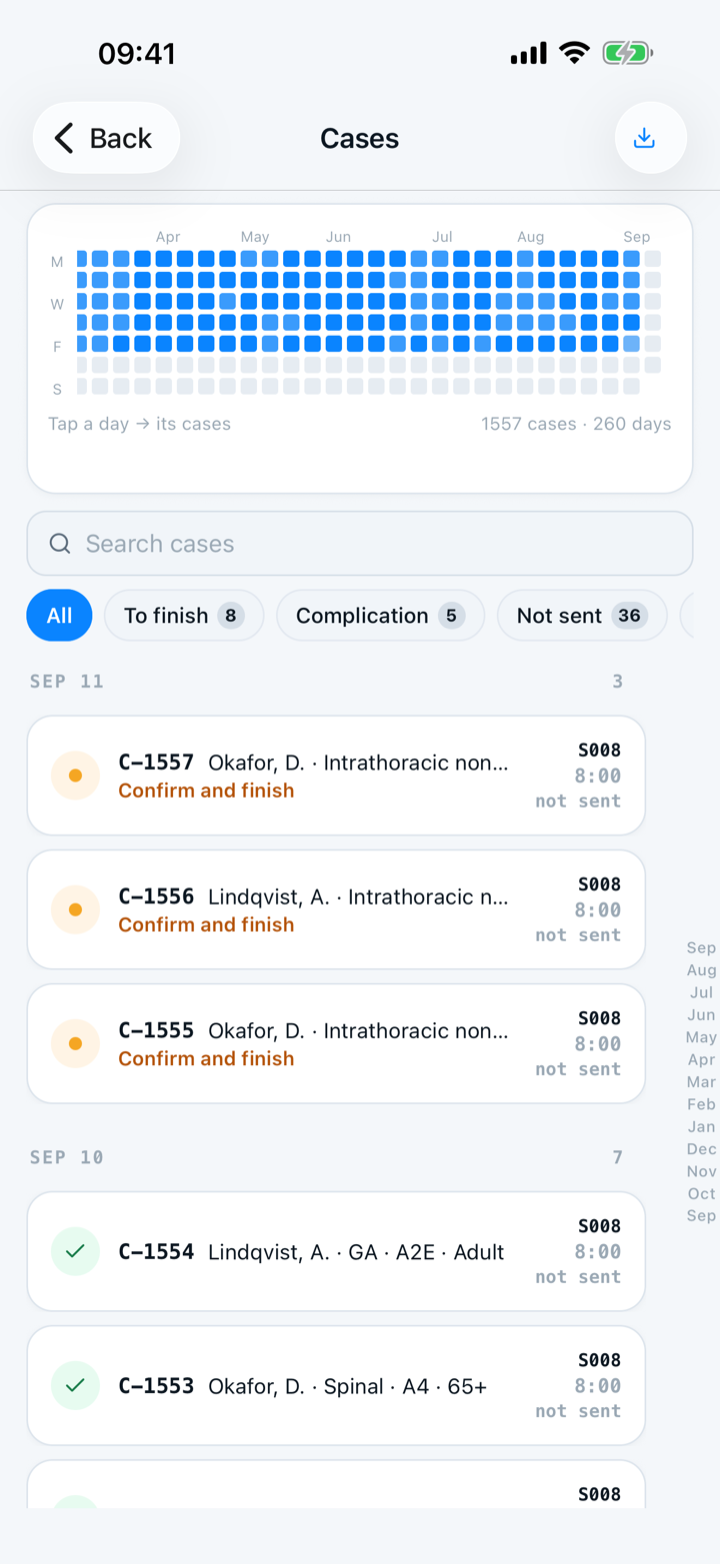 Capnolog's Cases screen on iPhone, with the heatmap, the search box, and the quick filters above the case list.