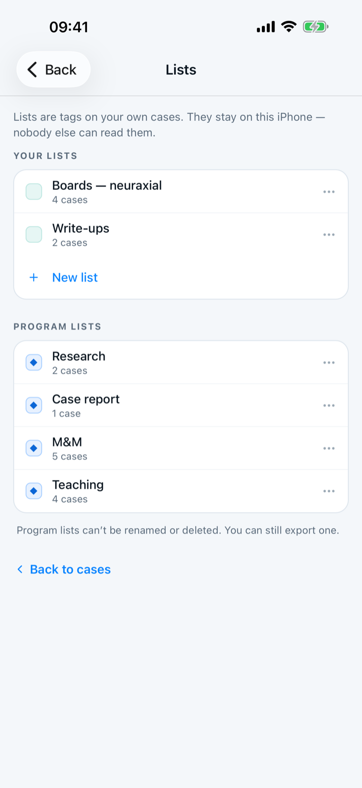 Capnolog's Lists screen on iPhone, with your own case lists above the program’s lists.