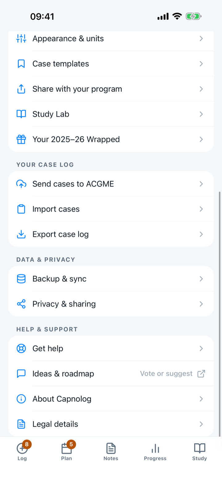 Capnolog's Settings list on iPhone, scrolled to the Help and support group and the “Get help” row.