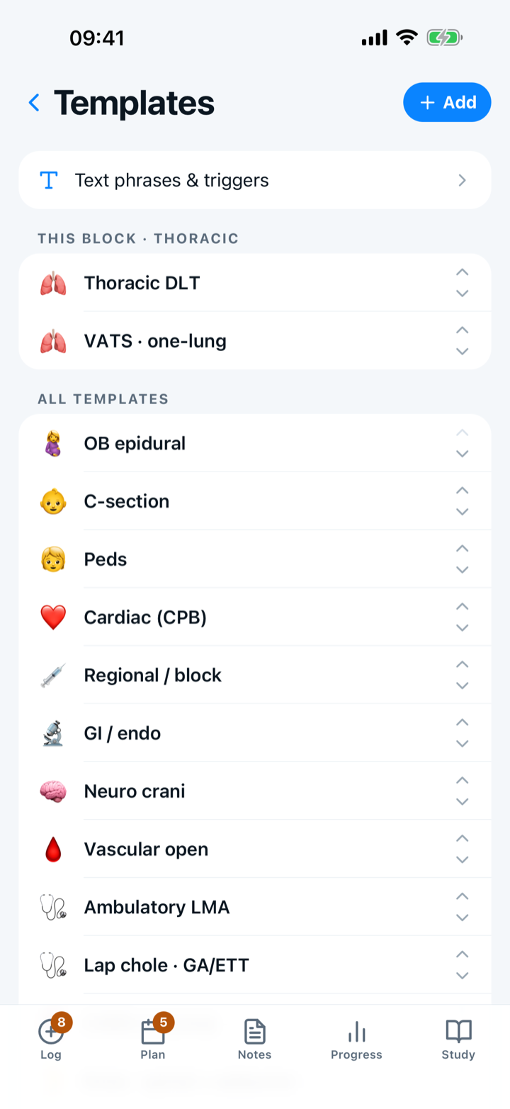 Capnolog's Templates screen on iPhone, with the current rotation block’s templates above the full list.
