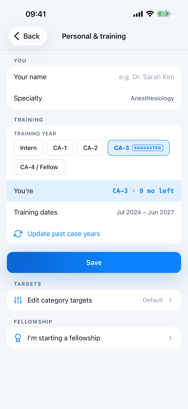 Capnolog's Personal and training screen on iPhone, with the training year, the training dates, and “Update past case years”.